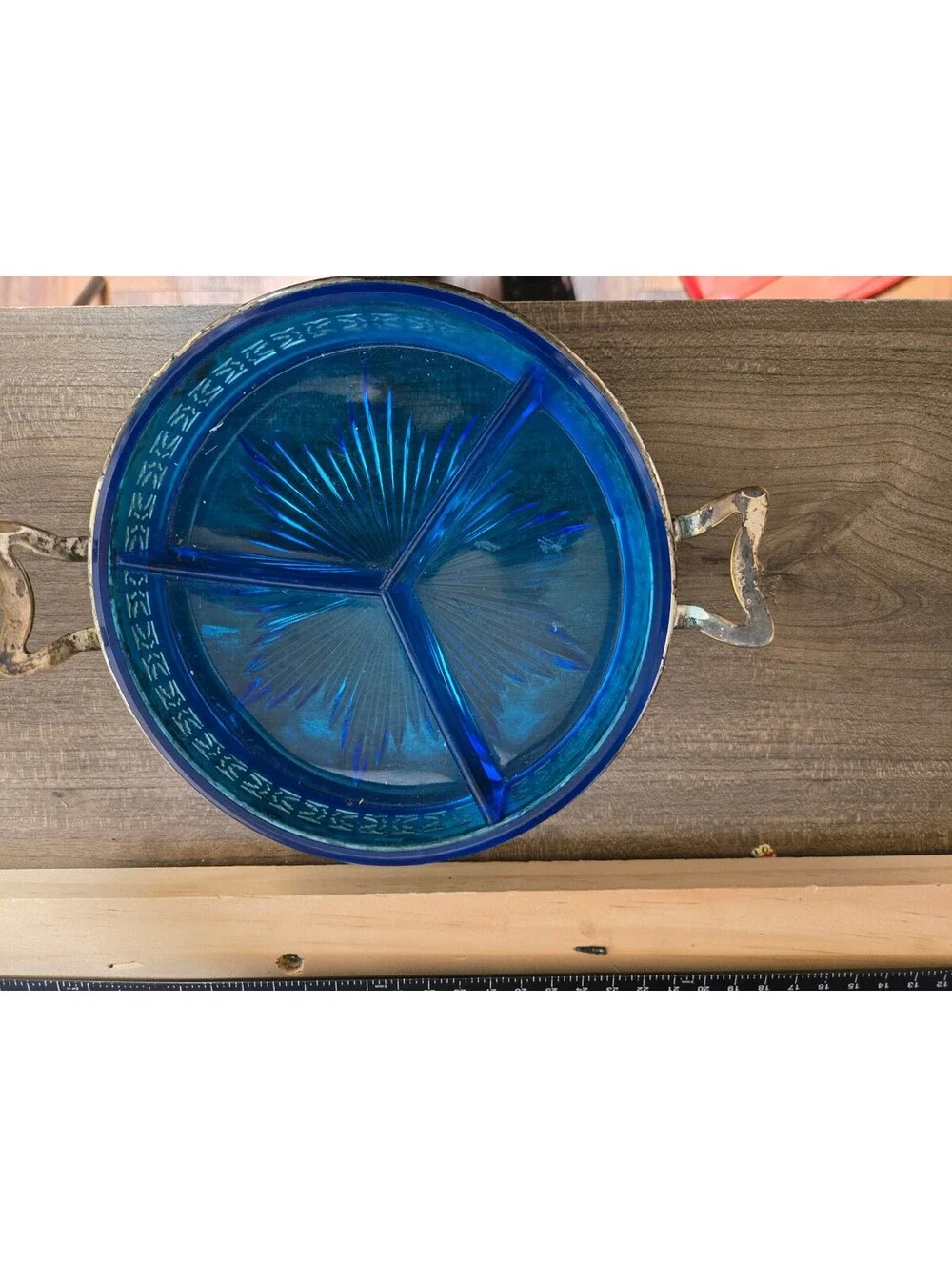 Vintage Blue Glass Divided Serving Dish with Silver Metal Pl